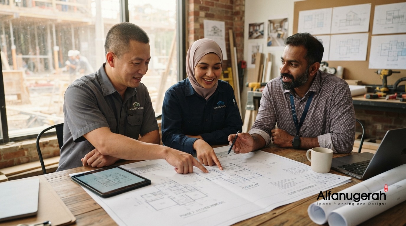 Alfanugerah renovation tradespeople collaborating on project plans
