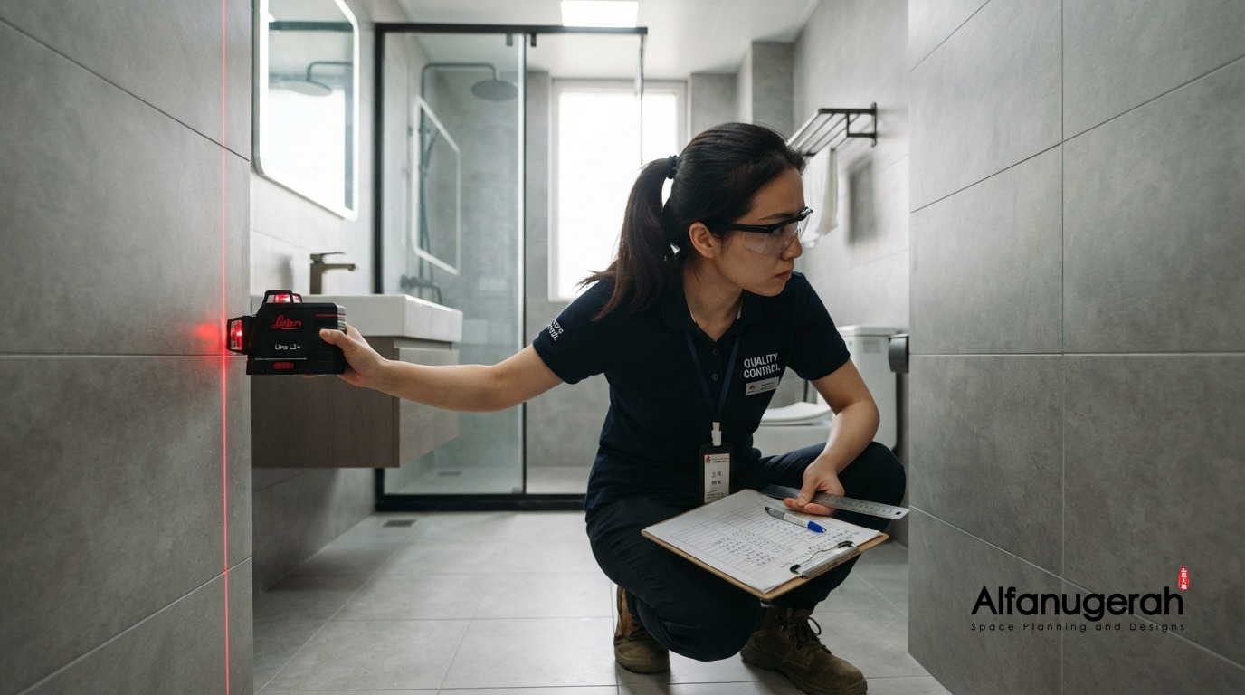 Quality inspector checking tile alignment with laser level