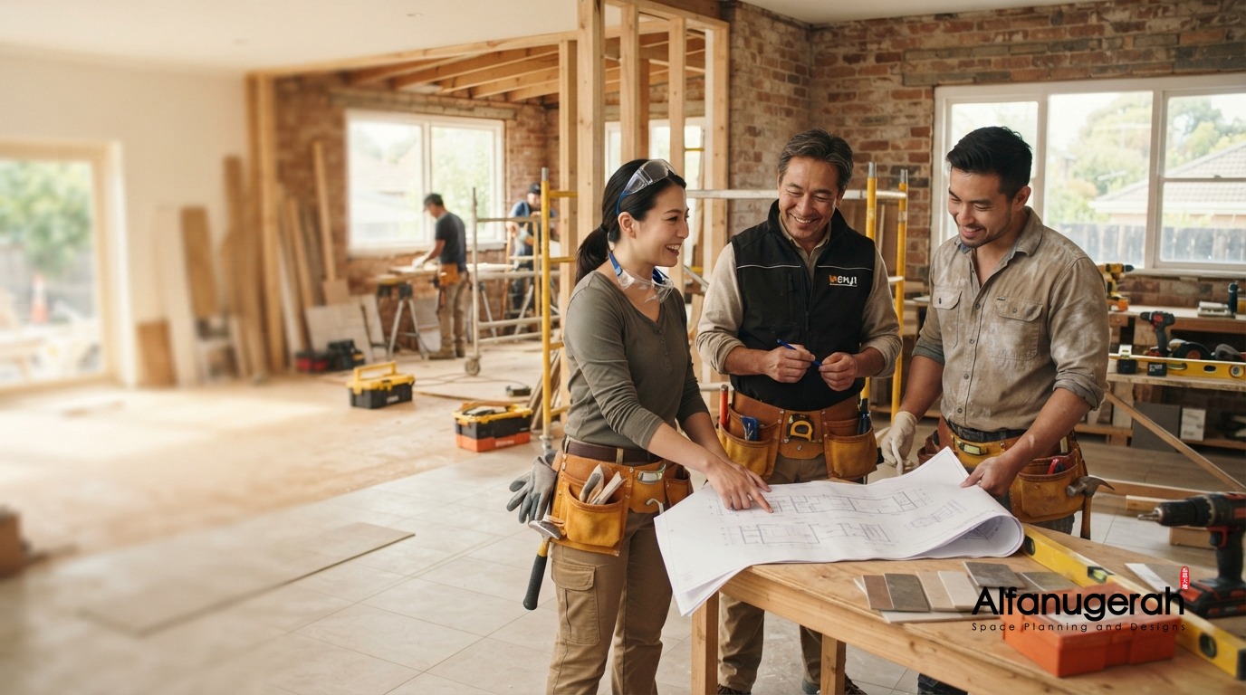 Alfanugerah renovation tradespeople reviewing project plans