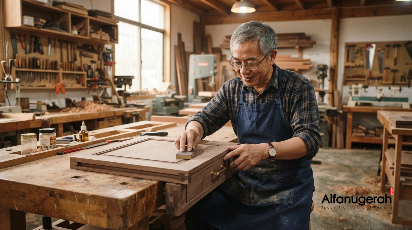 Master carpenter hand-finishing custom cabinetry