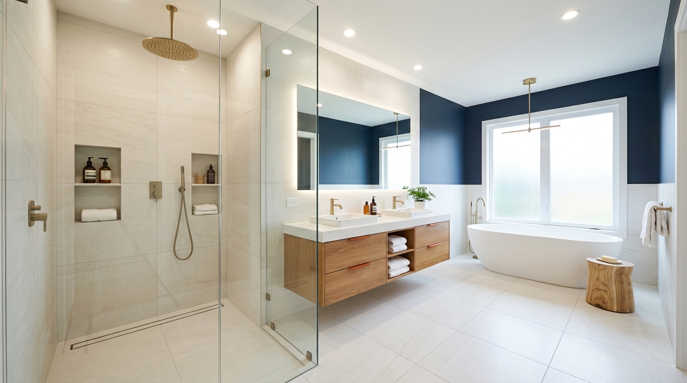 Expert tiler installing porcelain floor tiles
